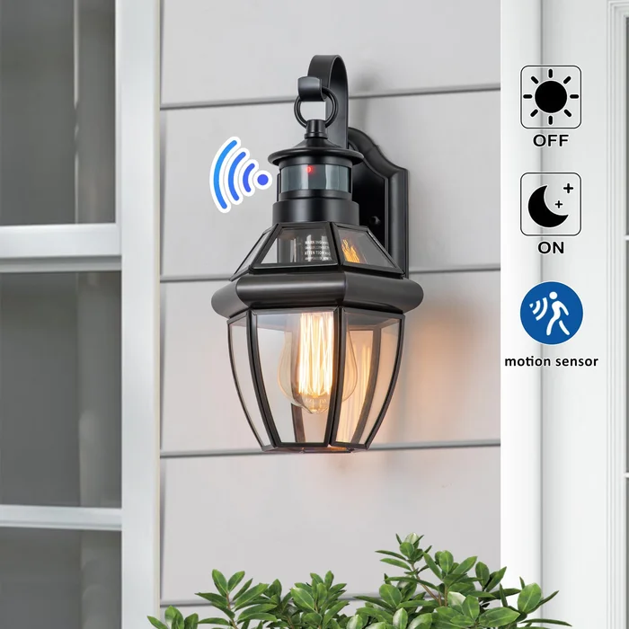 1-Light Black Finisih Copper and Metal Motion Sensing Dusk to Dawn Outdoor Wall Lantern