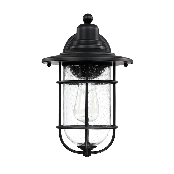 1-Light Black Outdoor Wall Lantern Sconce with Seeded Glass Shade
