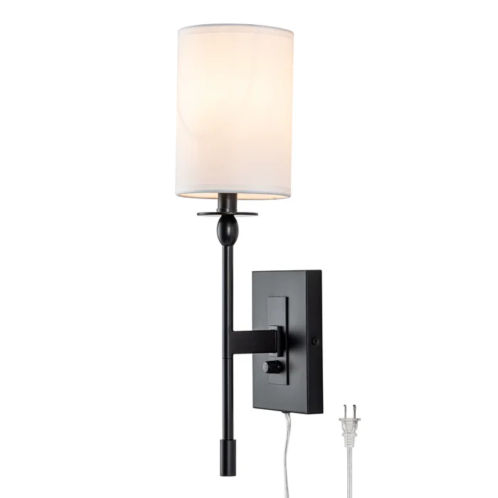 1-Light Matte Black Hardwired/Plug-in Dimmable Indoor Wall Sconce with Fabric Shade