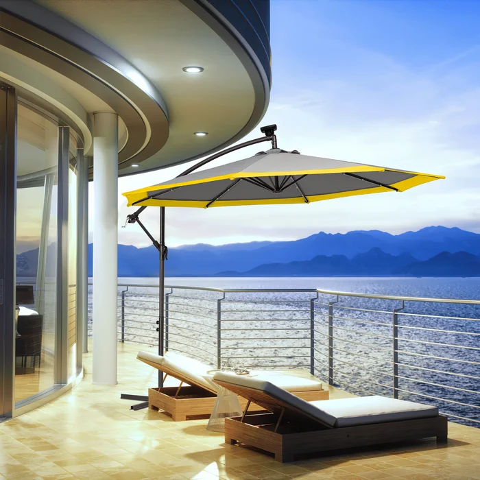 10 ft. Steel Solar Lighted Cantilever Patio Umbrellas With Sandbag Weighted Base