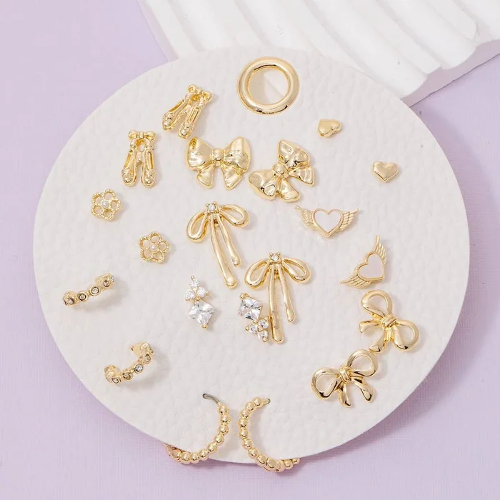 10 Piece Mixed Ribbon Bows Stud And Hoop Earrings Set: Gold