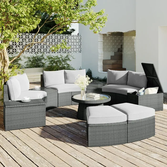 10-Piece Outdoor Sectional Half Round Patio Rattan Sofa Set