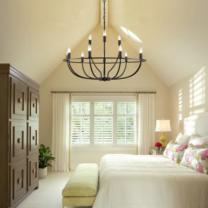 12 – Light Dimmable Black Wagon Wheel Chandelier – N/A