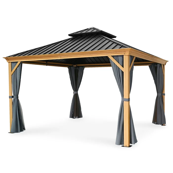 12 ft. x 12 ft. Double Roof Hardtop Wood Grain Aluminum Patio Gazebo with Netting and Curtains