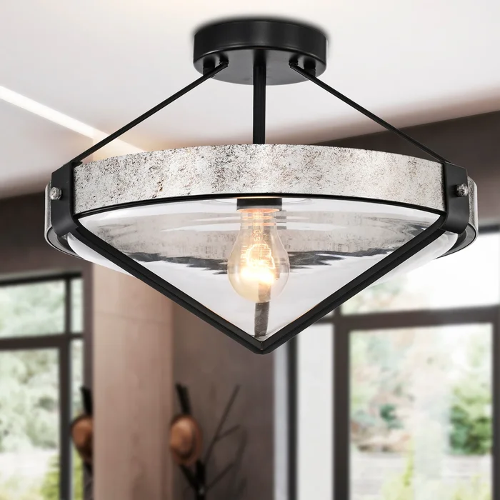 15″ Geofric Matte Silver Wood Grain Finish Semi Flushmount Ceiling Lamp