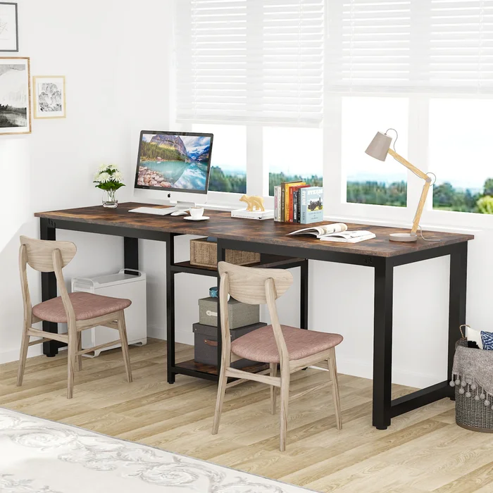 2-Person Desk Workstation Desk for Home Office with Shelf
