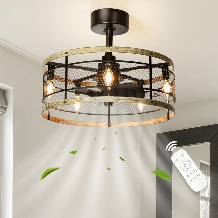 20-inch 3-Blade Metal Caged Ceiling Fan Including Light Bulb and Remote