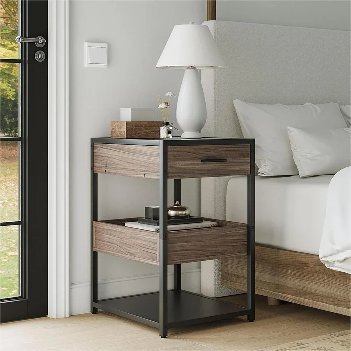 3 Layers Nightstand Side Table with Metal Frame and Glass Countertop