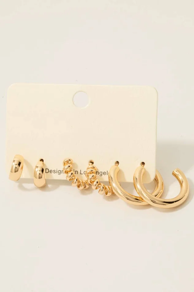 3 Piece Mixed Hoop Earrings Set: Gold