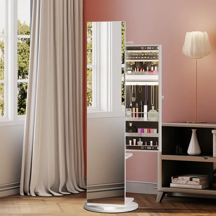 360 Swivel Jewelry Cabinet Lockable Standing Jewelry Armoire Organizer Full Length Mirror