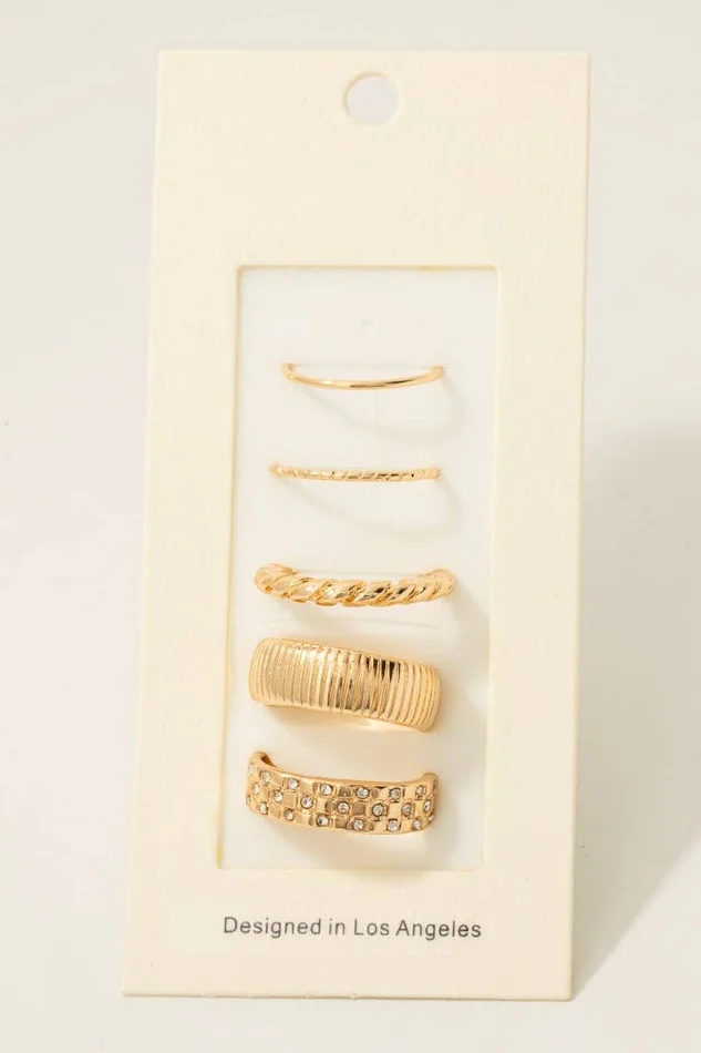 5 Piece Mixed Band Rings Set: Gold