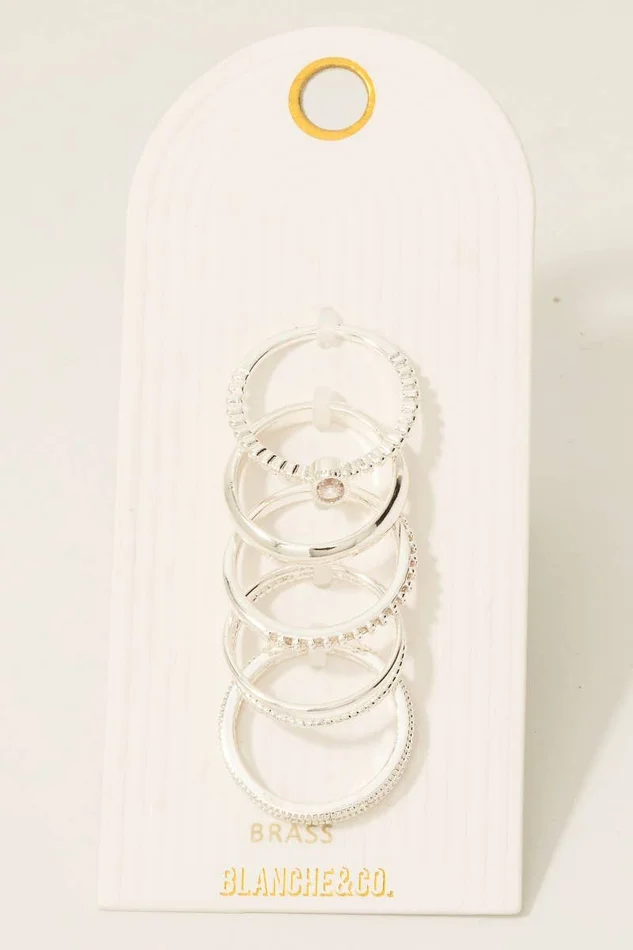 5 Piece Mixed Pave Band Rings Set: Silver