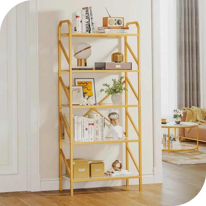 5-Tier Bookshelf 62-inch Tall Gold Metal and Glass Bookcase