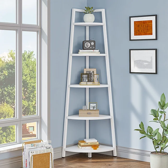 5-Tier Corner Shelf 70in Tall Modern Corner Ladder Bookcase Small Storage Rack Shelving
