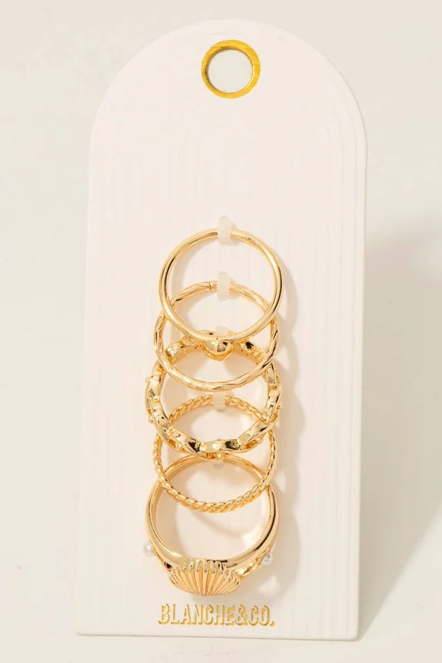 5Pc Clam And Mixed Band Rings Set: GD