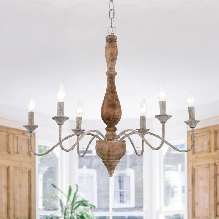 Aaren Candle Style Classic Traditional 6 Light Wood Grain Paint 28 Inch Chandelier.