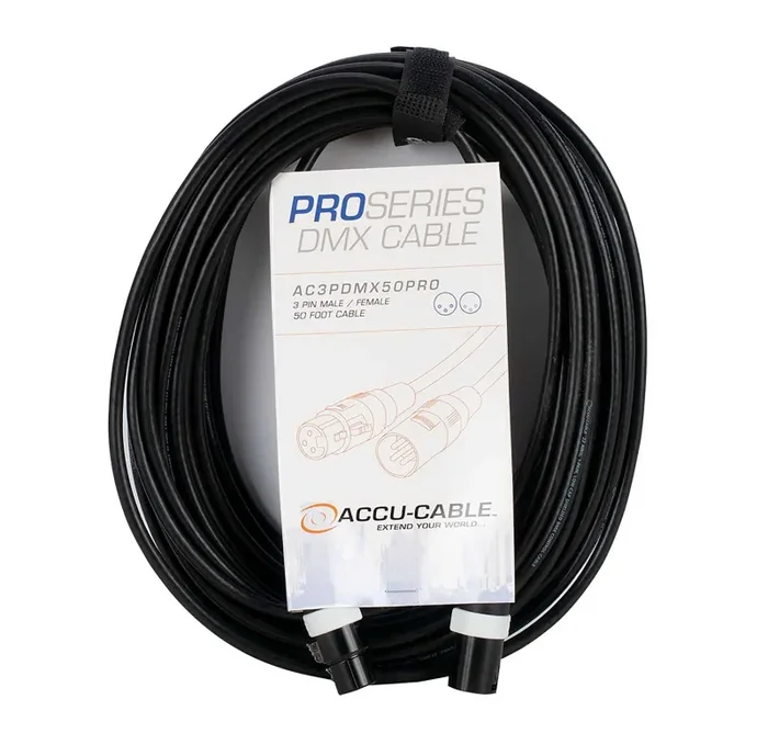 Accu-Cable AC3PDMX50PRO, 3-Pin Male to 3-Pin Female DMX Cable – 50 Ft