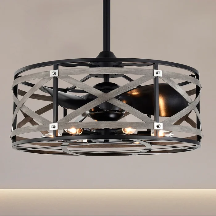 Adele 25-inch Matte Black and Faux Wood Grain 6 Lights 3 Blades Lighted Ceiling Fan with Remote