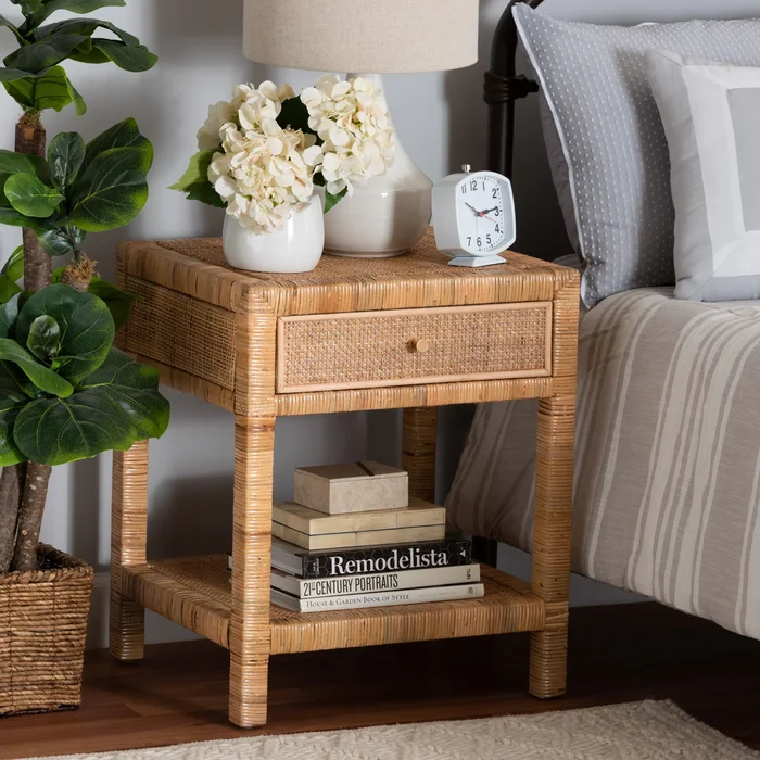 Adelia Modern Bohemian Natural Rattan and Mahogany Wood 1-Drawer Nightstand