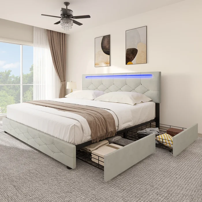 Adjustable Upholstered Headboard Platform Bed with LED light and USB Charging