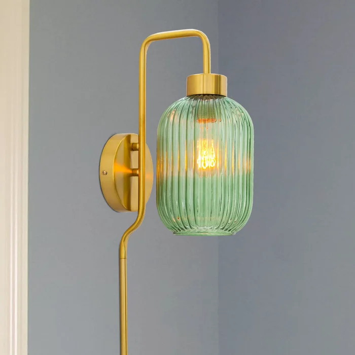 Adrienne River of Goods Green Glass and Metal Retro Wall Sconce – 5.375″ x 8.625″ x 32.25″