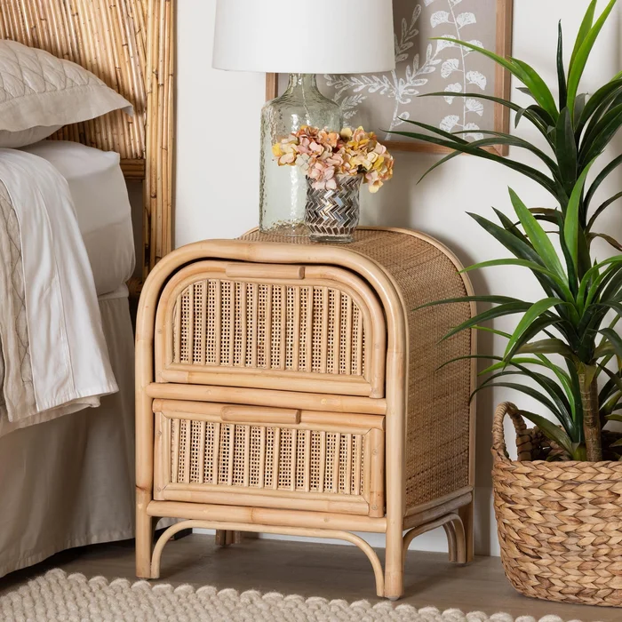 Adrika Bohemian Natural Rattan 2-Drawer Nightstand