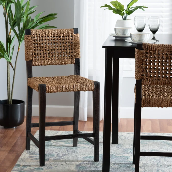 Alise Handwoven Seagrass Counter Stool with Mahogany Wood – Counter-Height Chair for Kitchen Island or Home Bar