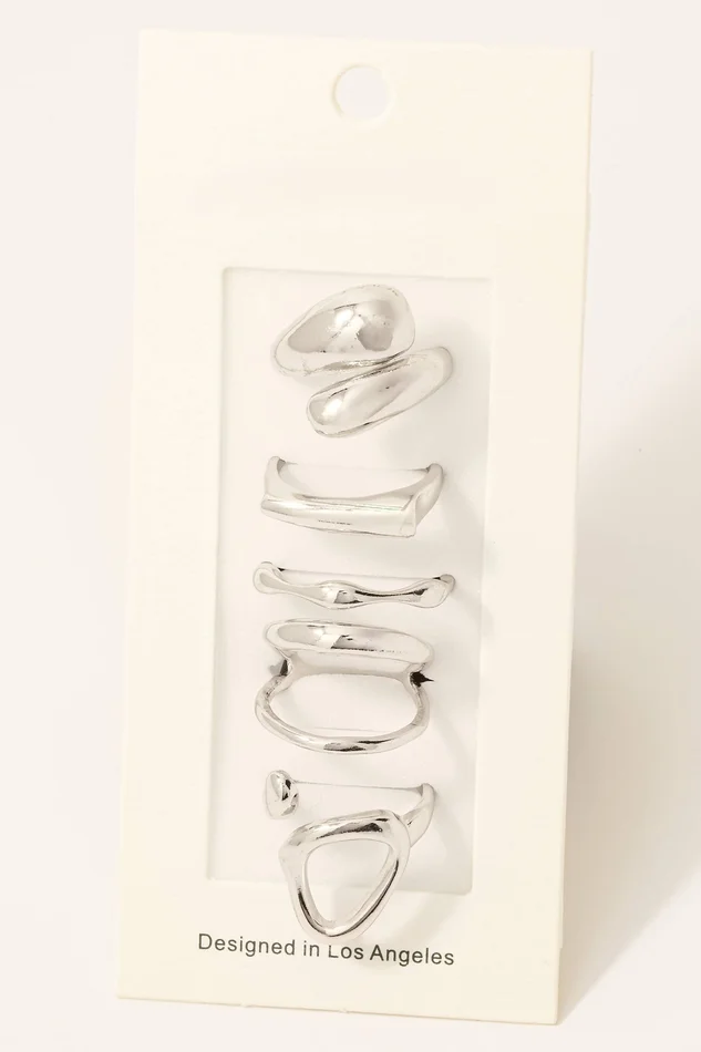 Assorted Warped Metallic Dainty Band Rings Set: Silver