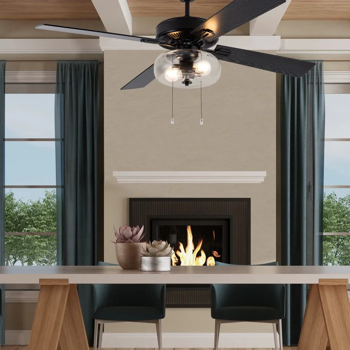 Aya River of Goods Black Metal and Glass 52-Inch Ceiling Fan with Light – 52″ x 52″ x 13.5″/18.5″