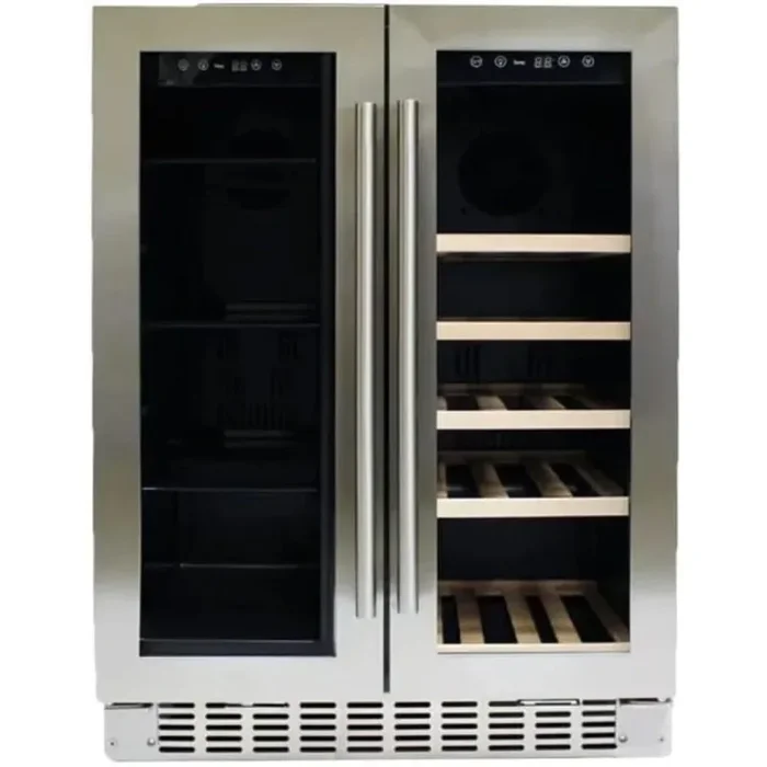 Azure A124DZS 24 Inch Built-In Dual Zone Beverage and Wine Center with 58-Can Capacity, 15-Bottle Capacity, 4 Glass Shelves, 5 Wood Wine Racks, French Door Swing, Blue LED Lighting, Digital Controls, 36-43°F/40-65°F Temperature Ranges, and ADA Compliant
