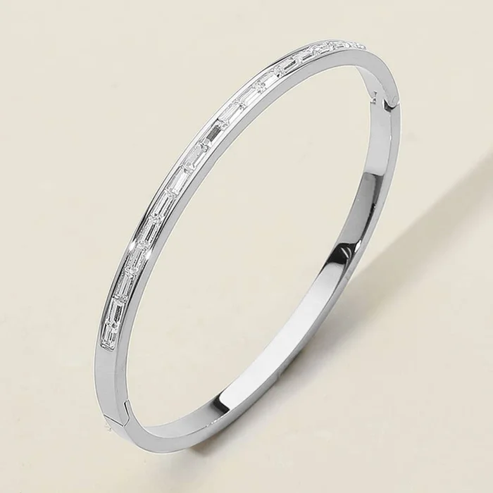 Baguette Stone Stainless Steel Hinged Bangle Bracelet: Silver