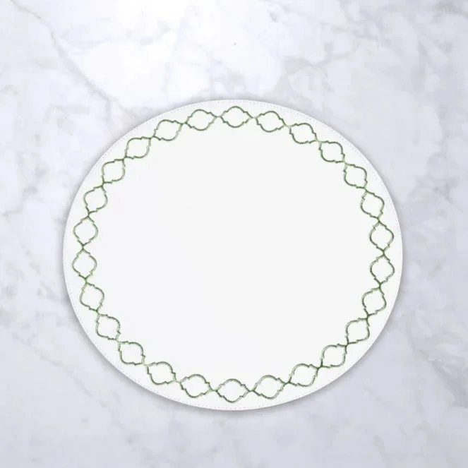Beatriz Ball Vida Round Green Embroidered Quatrefoil Placemats, Set Of 4