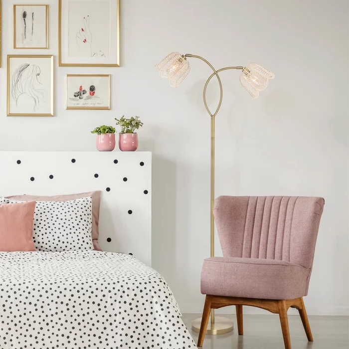 Benjamin River of Goods Gold Metal and Rattan Twin Bell Shade 61-Inch Floor Lamp – 25.5″ x 10″ x 67.5″