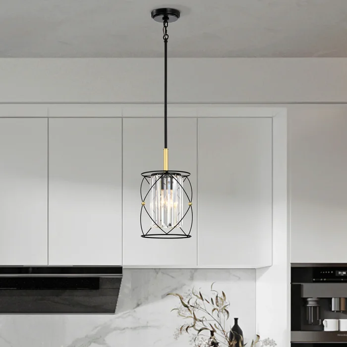 Black and Gold 1-Light Midcentury Mini Pendant with Hanging Crystals