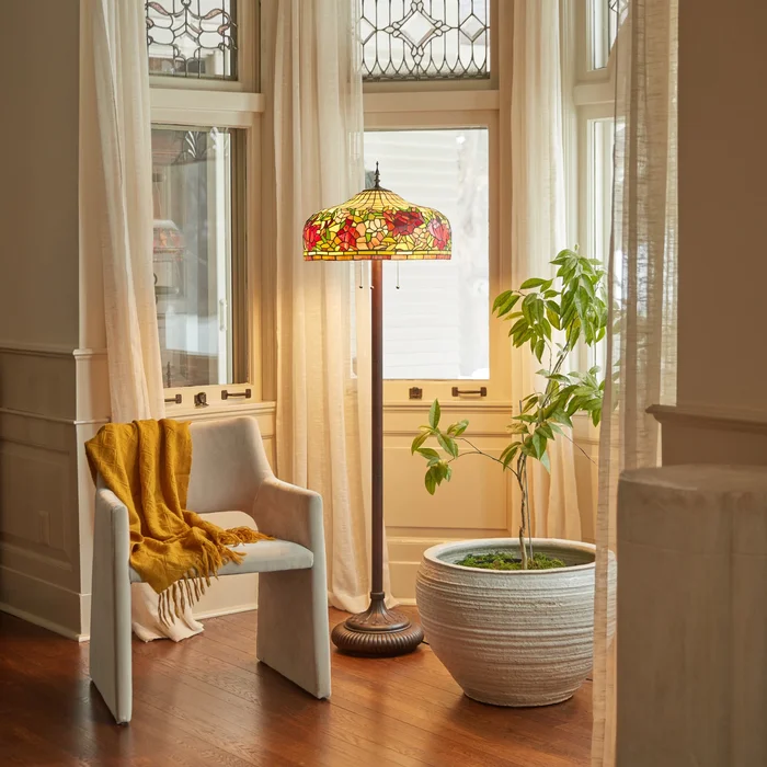 Bronte River of Goods Tiffany-Style Roses Stained Glass 63.75-Inch Floor Lamp – 19″ x 19″ x 63.75″