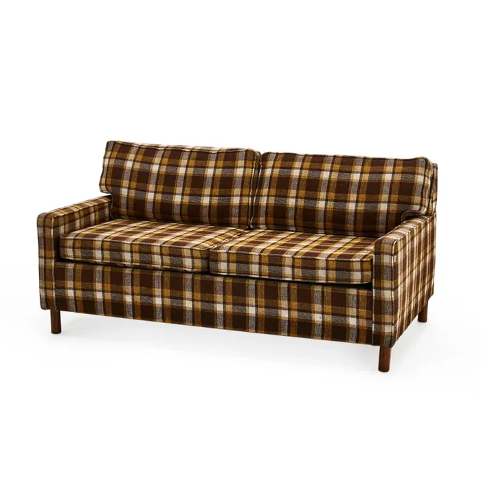 Brown, Yellow and White Plaid Loveseat Sofa