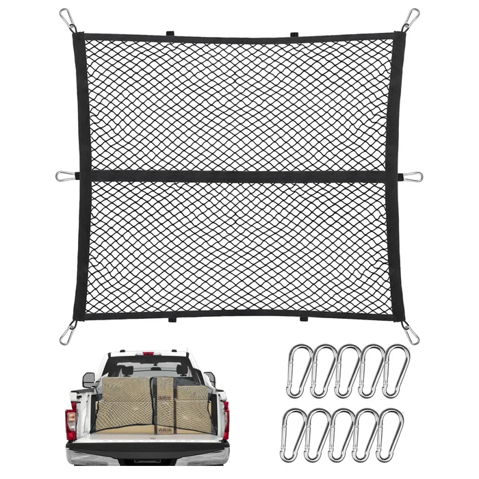 Cargo Net for Pickup Truck Bed, High Elastic Truck Netting for Cargo, Mesh Organizer 4’x 4′ Stretching to 8 ‘x 8’ with 10 Mountaineering Buckles, Compatible with Truck, Trailer, Pickup, GMC, SUV