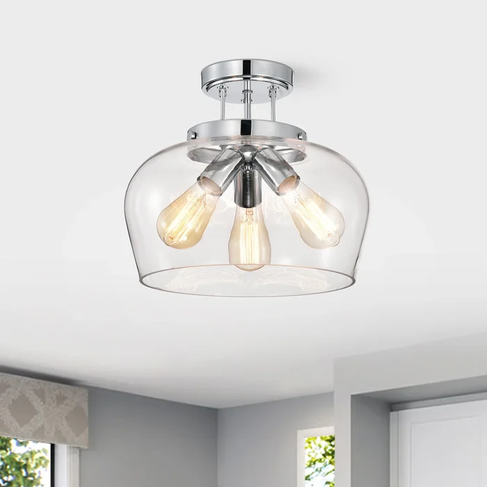 Celine Chrome 3-Light Clear Curved Glass Shade Semi-Flush Mount