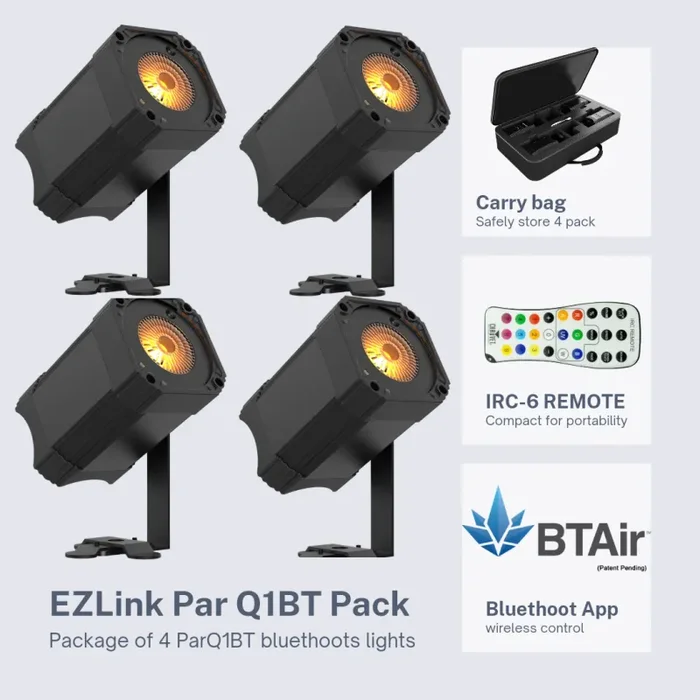 Chauvet DJ EZLink Par Q1BT Pack, Bundle of 4 EZLink Par Q1BT Fixtures and 1 IRC-6 Remote