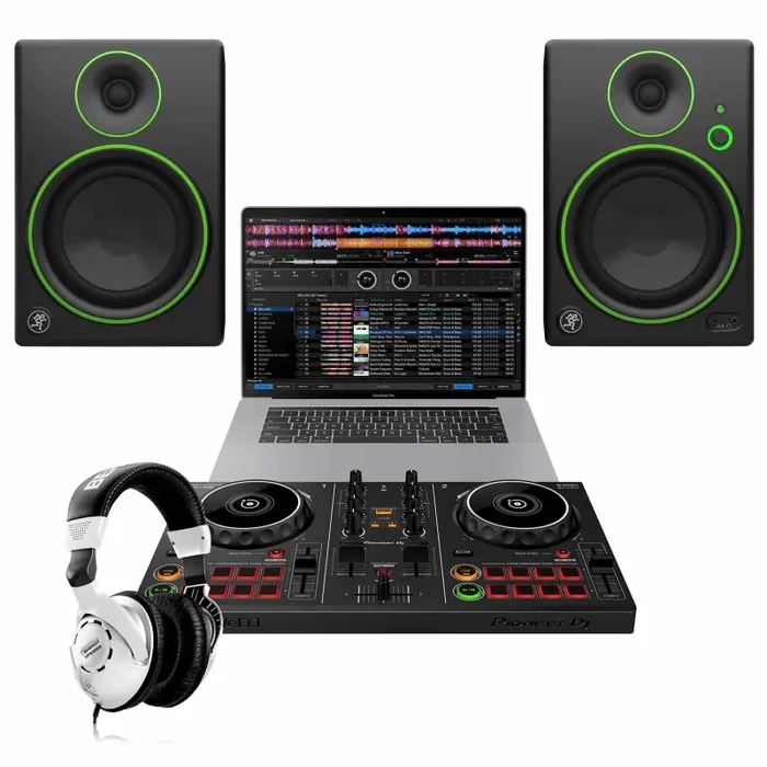 Complete DJ Package with Pioneer DDJ200 DJ Controller, Pair of Mackie CR5BT Studio Monitors Speakers and Behringer HPS3000 Headphones