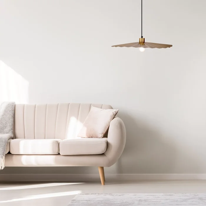 Cory River of Goods Antique Brass Disk-Shaped Indoor Pendant Lamp with Wavy Retro Shade – 24″ x 24″ x 5.75/64.75″