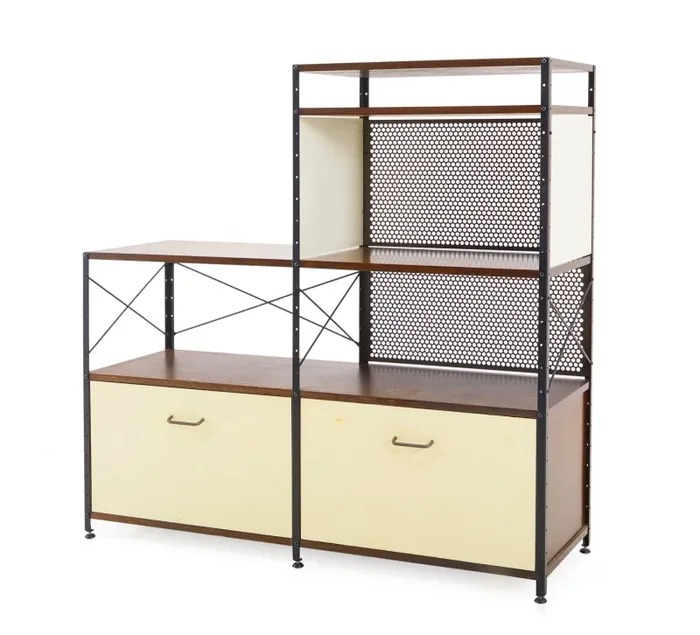 Cream and Wood 2-Level Case Study Shelving Unit