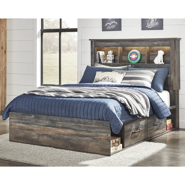 Drystan Rustic Brown Bookcase Bed with 2 Under Bed Storage Drawers
