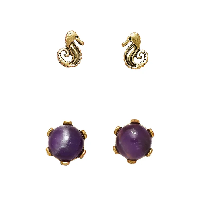 Earrings – Stud Set – Seahorse + Purple