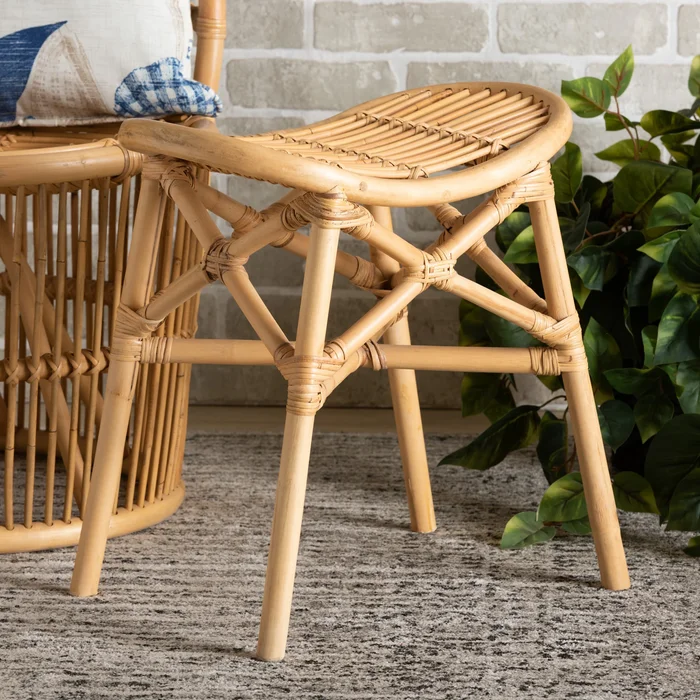 Elgon Modern Bohemian Natural Brown Rattan Footstool
