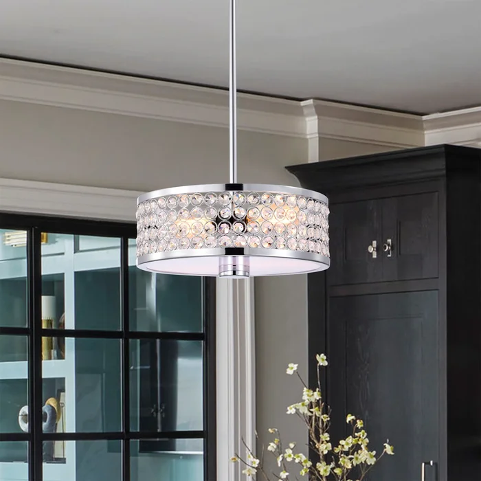 Eudocia 13 Inch Modern Drum Crystal Ceiling Lighted Pendant Chandelier Chrome Finish 2-Light – N/A