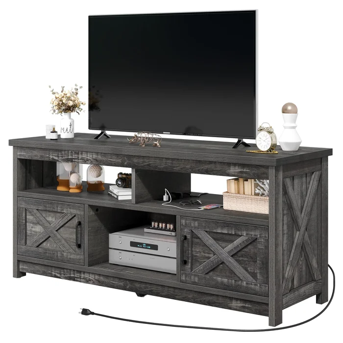 Farmhouse 59-inch Barn Door TV Stand with Power Outlet
