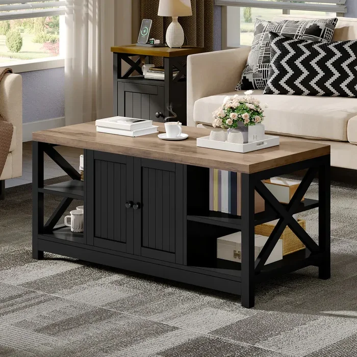 Farmhouse Wood Accent Coffee Table with Large Storage Shelf