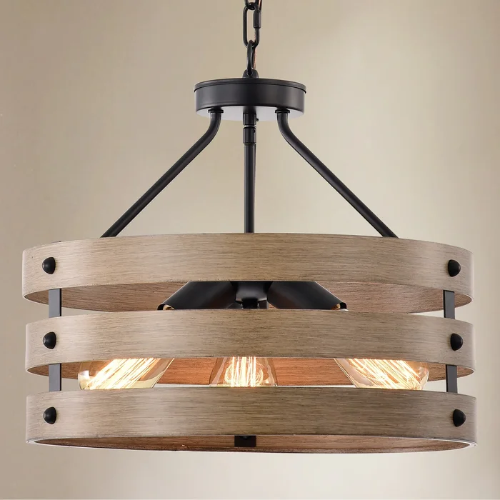 Fleur 16 Inch Matte Black and Imitation Wood Grain with 3 Light Drum Chandelier