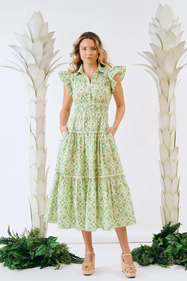 FLUTTER SLEEVE DRESS-LAGOS GREEN